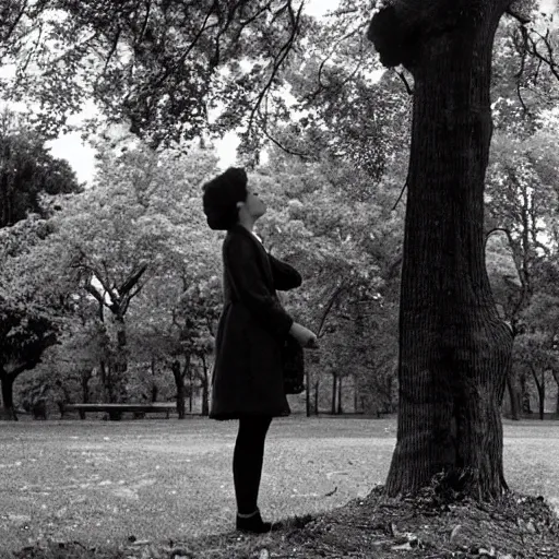 Prompt: a woman standing next to a tree in a park, a character portrait by edward simmons, tumblr, naturalism, movie still, character, photo