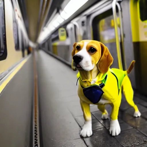 Image similar to bright yellow beagle in a subway