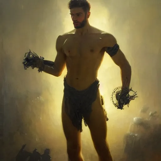 Image similar to handsome portrait of a young guy fitness posing, war hero, radiant light, caustics, volumetric wires surrounding, by gaston bussiere, bayard wu, greg rutkowski, giger, maxim verehin