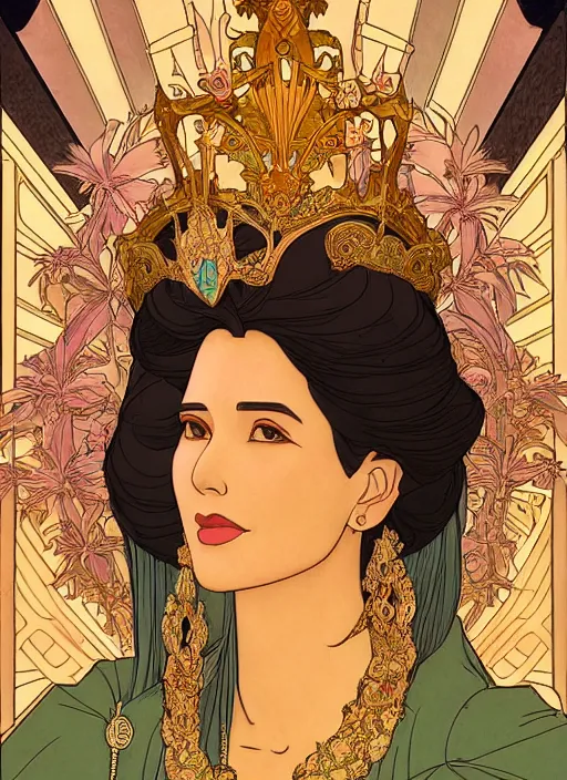 Image similar to well - lit art nouveau portrait of queen sirikrit of thailand, natural lighting, path traced, highly detailed, high quality, photorealistic, cartoon, digital painting, by don bluth and ross tran and studio ghibli and alphonse mucha