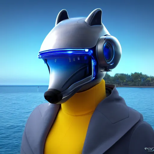 Image similar to very very beautiful furry art, bust profile picture of a male robotic anthro bottlenose dolphin, synthetic cetacean hybrid android, face covered by opaque visor, truncated snout under visor, round shapes, all dark blue metal, commission on furaffinity, cgsociety, octane render, sea in background