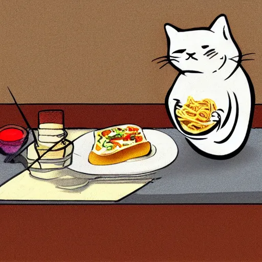 Prompt: fat cat eating noodles on toast, digital art