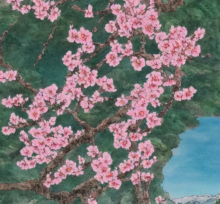 Image similar to a peach blossom in the mountains, studio ghibli style