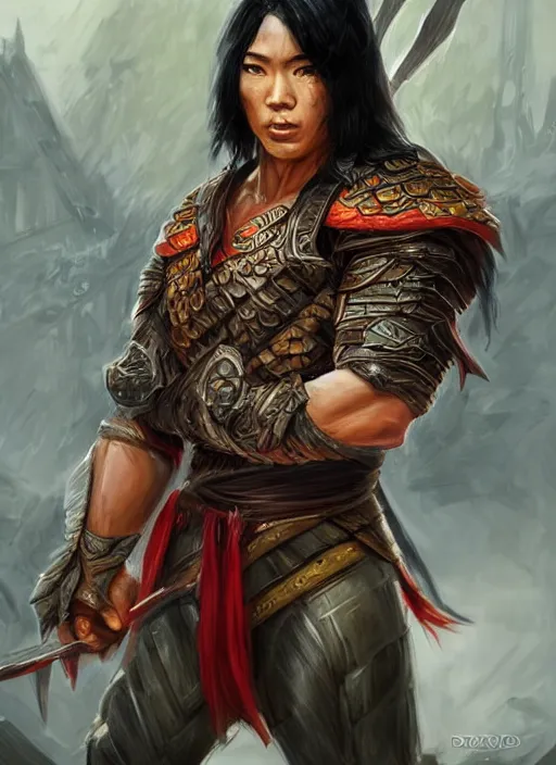 Image similar to muscly asian man with medium black parted hair, dndbeyond, bright, colourful, realistic, dnd character portrait, full body, pathfinder, pinterest, art by ralph horsley, dnd, rpg, lotr game design fanart by concept art, behance hd, artstation, deviantart, hdr render in unreal engine 5