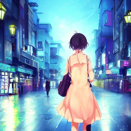 Image similar to beautiful smiling anime girl walking in rainy osaka city center at night, anime key visual, digital art, anime screenshot, kyoto animation, makoto shinkai, trending on artstation