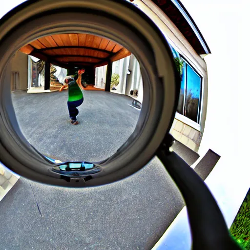 Image similar to fisheye view of dinosaur stealing packages, ring doorbell view