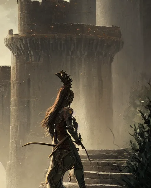 Image similar to A beautiful warrior walking up the castle stairs, beautiful castle, highly detailed armor, fantasy art, female art, in the style of greg rutkowski, illustration, epic, fantasy, intricate, hyper detailed, artstation, concept art, smooth, sharp focus, ray tracing