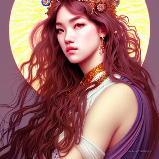 Image similar to portrait of jossi of blackpink, goddess of the moon, highly detailed, digital painting, smooth, sharp focus, illustration, ultra realistic, 8 k, art by artgerm and alphonse mucha