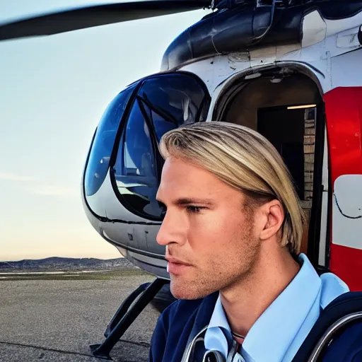 Prompt: blond male doctor in front of helicopter, epic lighting