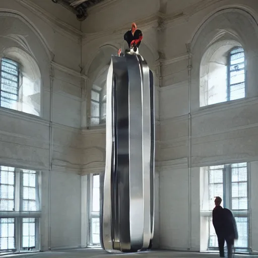 Image similar to giant Italian modern castle living room, clean minimalist design, that is 1300 feet tall, with very tall giant walks, giant modern stainless steel sculpture by John Chamberlain, photo by Annie Leibovitz