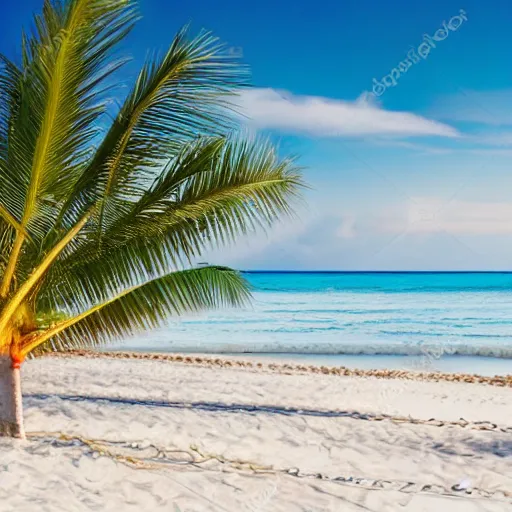 Prompt: Very detailed boat stranded on a beach with white sand, palms in the background, 4k