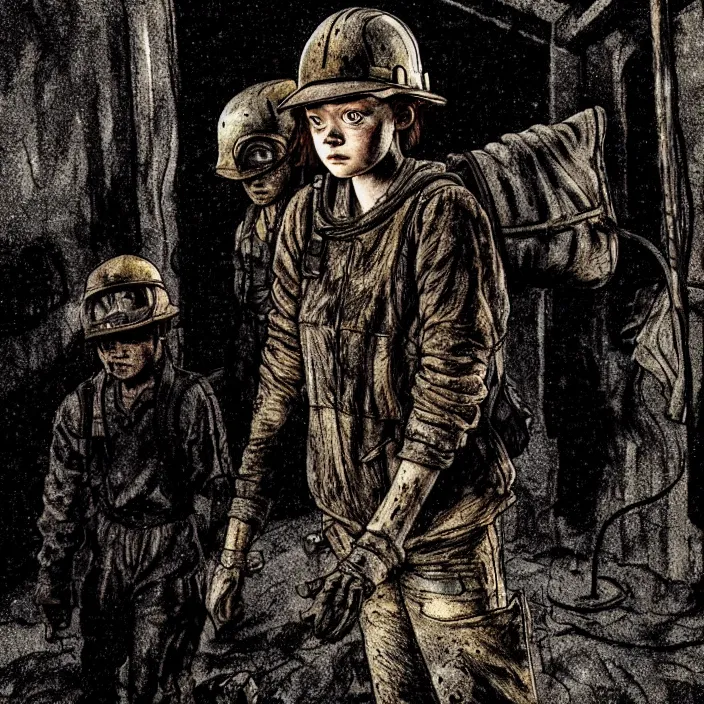 Image similar to tired sadie sink as a miner emerges out of the dark coal mine. storyboard, scifi cyberpunk. by gabriel hardman, joe alves, chris bonura. cinematic atmosphere, detailed and intricate, perfect anatomy