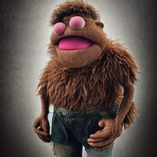 Image similar to a still of a forgotten muppet character looking very manly and modern, hilarious, laughing, hairy chest, huge chin, manly monster tough guy, roughled fur, photo real, photographic, photograph, artstation, trending, featured