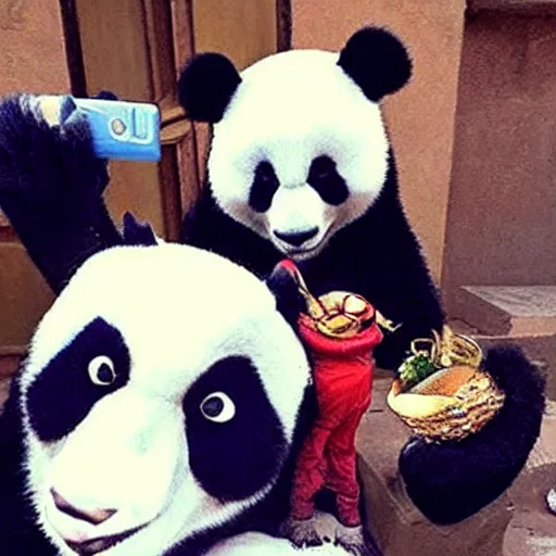 Image similar to panda and aladdin taking a selfie