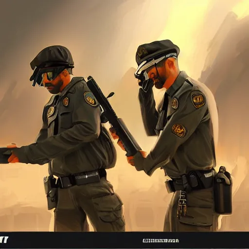 Prompt: two airport officers arresting spices, apocalyptic, dramatic, hyperdetailed, cinematic lighting, cg society, trending on art station, aesthetic