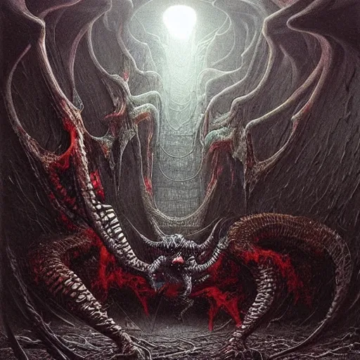 Image similar to cyber dragon beksinski, eldritch, apocalypse, creepy creature, horror spooky