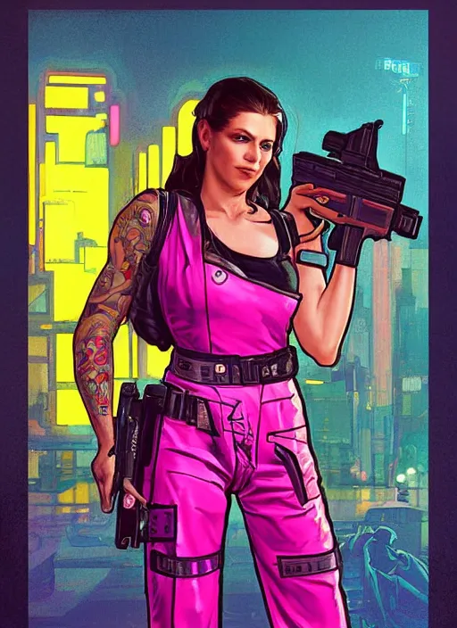 Image similar to cyberpunk saleswoman wearing pink jumpsuit and painting a yellow belt fed pistol. advertisement for pistol. cyberpunk ad poster by james gurney, azamat khairov, and alphonso mucha. artstationhq. painting with vivid color, cell shading. buy now! ( rb 6 s, cyberpunk 2 0 7 7 )