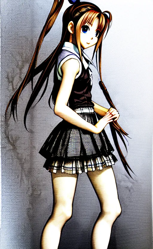 Prompt: a delinquent female student Aerith Gainsborough wearing a school uniform with skirt and fishnet leggings, enveloped in sharp chains. beautiful shadowing, 3D shadowing, reflective surfaces, illustrated completely, 8k beautifully detailed pencil illustration, extremely hyper-detailed pencil illustration, intricate, epic composition, very very kawaii, masterpiece, bold complimentary colors. stunning masterfully illustrated by Artgerm and Range Murata.