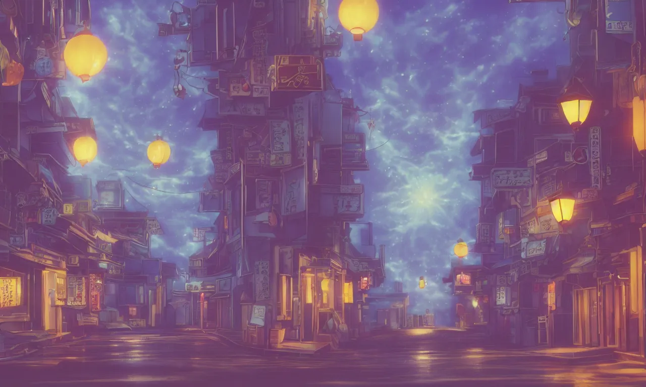 Image similar to A film still from a 1990s Sailor Moon cartoon featuring a moody street in Japan with a waterfall and lanterns, lofi aesthetic, golden hour, cinematic look, film grain, high detail, high resolution, 8k