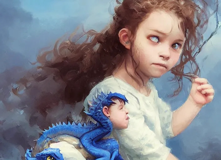 Prompt: a cute little girl with curly brown hair and blue eyes holding a blue baby dragon, beautiful fantasy art by greg rutkowski.