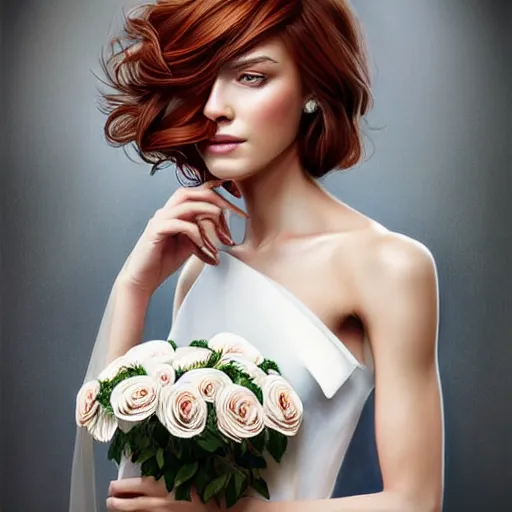 Prompt: portrait of a gorgeous woman holding a bouquet of roses in the style of stefan kostic, auburn hair, realistic, sharp focus, intricate, white dress, elegant, insanely detailed, 8 k high definition, art by artgerm, mark hill
