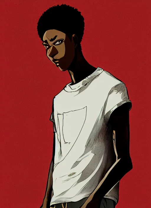 Prompt: character illustration illustrated by tatsuki fujimoto, bald african-american male teenager wearing a white tank-top, cyberpunk, emotional lighting