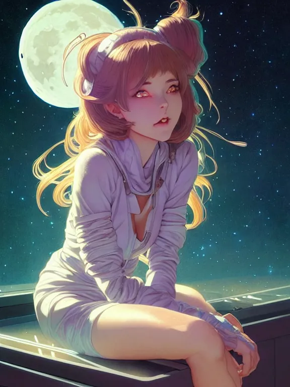 Image similar to full body picture of a space girl sitting in the moon cafe, bored, coveted, beautiful and aesthetic, intricate, unreal engine, messy hair, highly detailed, detailed face, smooth, sharp focus, chiaroscuro, manga illustration, artgerm, greg rutkowski, ilya kuvshinov, rossdraws, alphonse mucha, young adult light novel cover art