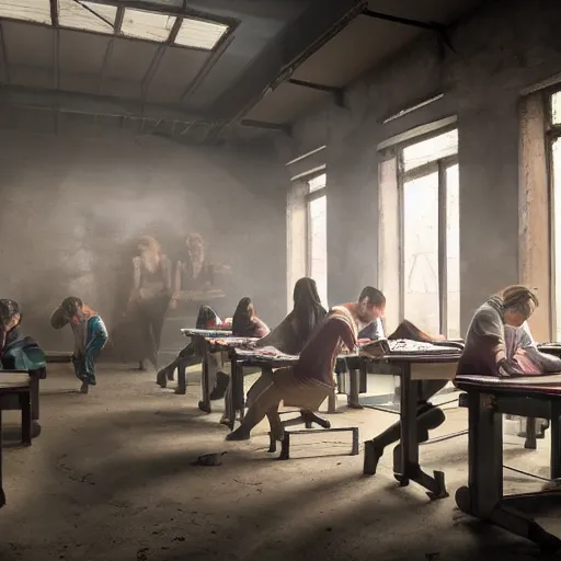 Prompt: irrational brainwash sweatshop schools, realistic, dramatic lighting, fantastic reality, by stefan bakałowicz, 8 k resolution