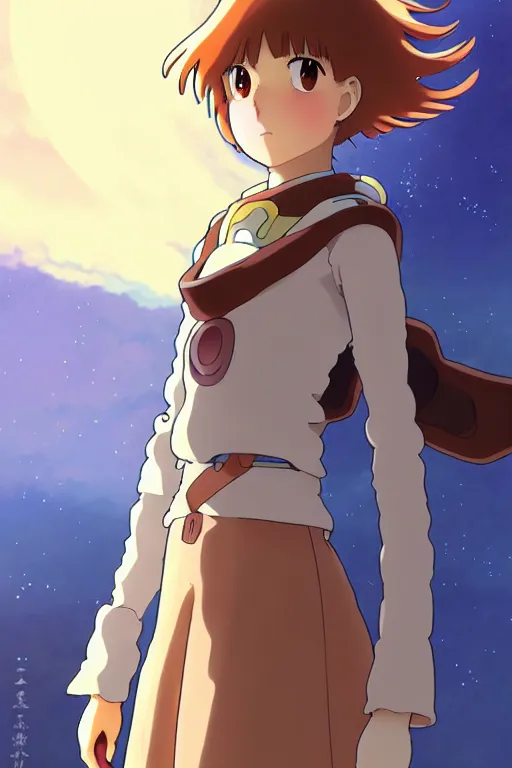 Image similar to anime art full body portrait character nausicaa concept art, anime key visual of elegant young female, brown hair and large eyes, finely detailed perfect face delicate features directed gaze, sunset in a valley, trending on pixiv fanbox, studio ghibli, extremely high quality artwork by kushart krenz cute sparkling eyes hayao miyazaki