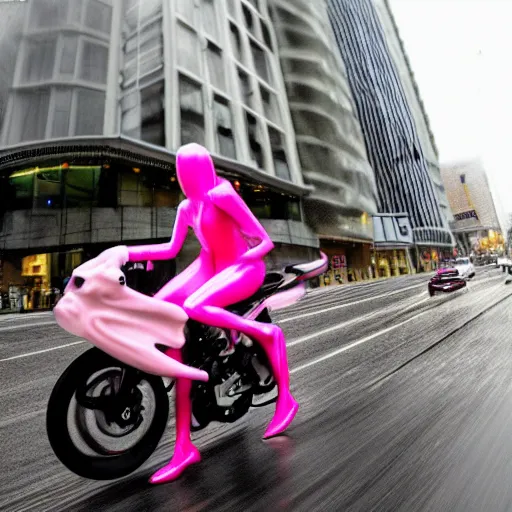 Image similar to hyper realistic, photo, humanoid pink female Squid girl, popping motorcycle wheelie on fast in the rainy city traffic