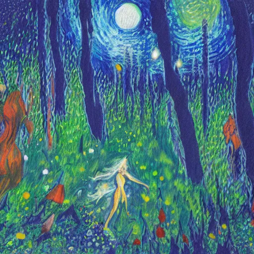 Image similar to illustration of otherworldly lunacy, running wild in the impressionist forests on nocturnal bliss