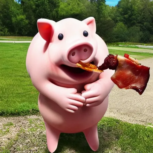 Prompt: Porkie the Pig eating bacon.