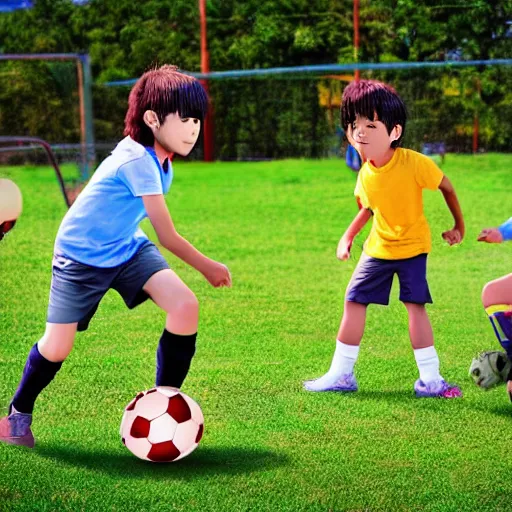 Prompt: kids playing soccer, anime