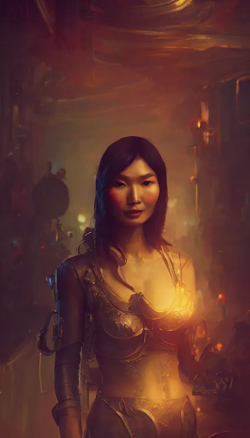 Image similar to portrait of gemma chan tavern bard, intricate face, furious expression, sweat, narrow dark streets with exotic dancers, vaporwave aesthetics, 8 k uhd, unreal engine, octane render in the artstyle of finnian macmanus, john park and greg rutkowski