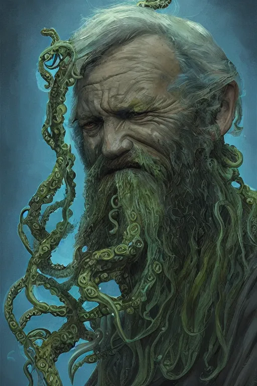 Prompt: portrait of an old fisherman with tentacles growing on him, blue and green, eldritch, d & d, face, fantasy, intricate, elegant, highly detailed, digital painting, artstation, concept art, smooth, sharp focus, illustration, art by greg rutkowski