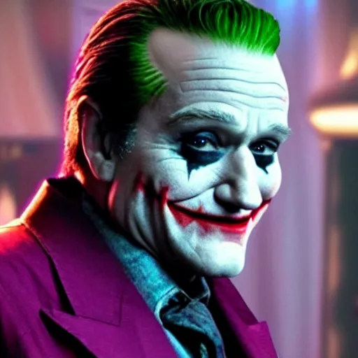 Image similar to stunning awe inspiring ( robin williams ) as the joker 8 k hdr movie still atmospheric lighting