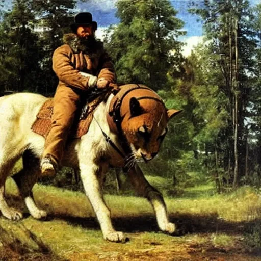 Prompt: man riding a huge cat, oil painting by Ivan Shishkin