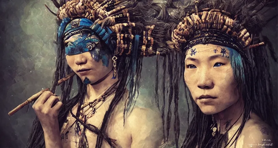 Image similar to A young blindfolded shaman japanese woman with a decorated headband performing a pagan ritual, in the style of heilung, blue hair dreadlocks and wood on her head, tribal piercing and tatoos , atmospheric lighting, intricate detail, cgsociety, ambient light, dynamic lighting, art by karol bak