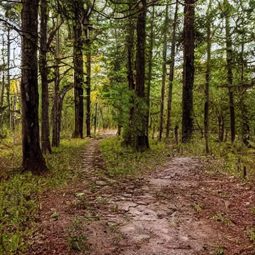 Image similar to path leading to an entrance with a gate to a forest with an abandoned wooden house