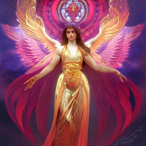 Image similar to a beautiful orchid phoenix angel woman, in an ornamented dress with large wings, volumetric light, god rays, 8 k high resolution, rubies, by greg rutkowski, alphonse mucha, artgerm,