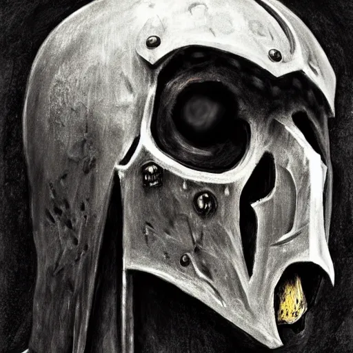 Image similar to crow skull knight helmet, headshot, closeup, side elevation, grimdark, fantasy, trench crusade, terrifying, dark, fog, atmospheric cold lighting, dark souls, hyperrealistic, art by mike franchina