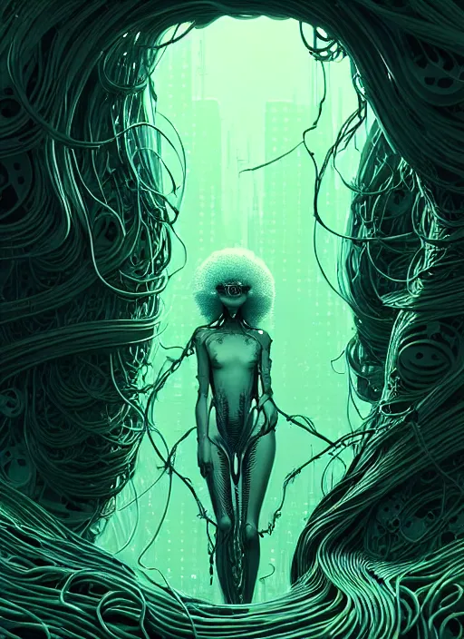 Prompt: highly detailed portrait of a biopunk long curly white hair tribal lady, stray wiring by atey ghailan, james gilleard, by joe fenton, by greg rutkowski, by greg tocchini, by kaethe butcher, 4 k resolution, gradient green, black and white color scheme!!! ( ( irradiated robotic leafy tornado landscape background ) )