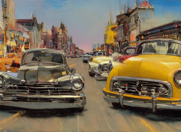 Image similar to hotrods driving down a street , vintage, high detail, golden hour, 8K, by John Berkey