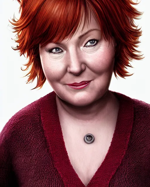 Image similar to portrait of short and plump 5 0 - year - old woman with red hair and, kind face, round face, short hair, molly weasley, wearing in cardigan, hyper realistic face, beautiful eyes, character art, art by mark brooks, hyperdetailed, cryengine, trending on artstation, digital art