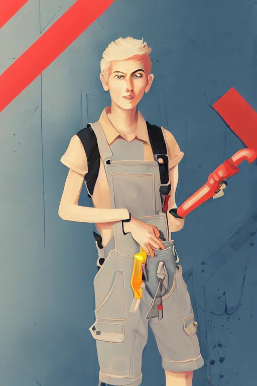 Prompt: a beautiful androgynous punk girl with short hair who is a mechanic wearing overalls with a utility bag and holding a wrench, digital illustration, digital concept art, digital painting, decorative background, trending on artstation