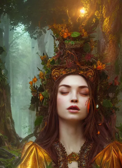 Image similar to Beautiful art portrait of a female fantasy priestess in a bright temple surrounded by lush forest, atmospheric lighting, intricate detail, cgsociety, hyperrealistic, octane render, RPG portrait, ambient light, dynamic lighting