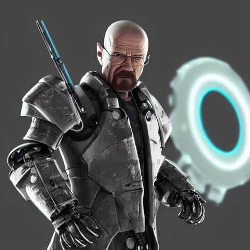 Image similar to Walter White in cybernetic battle armour with shields, 4k octane render, highly detailed, concept art