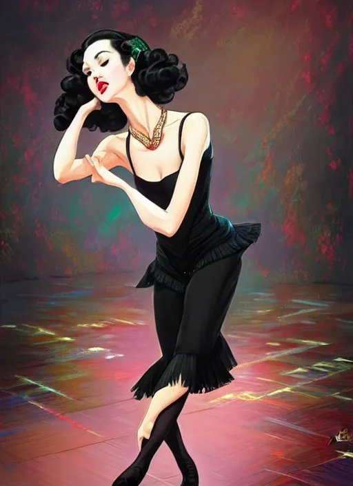 Image similar to a beautiful dancer with black hair in 1940's fashion, ballroom background, intricate, highly detailed, digital painting, artstation, official media, anime key visual, concept art, rich vivid colors, ambient lighting, sharp focus, illustration, art by Artgerm, Makoto Shinkai, Ilya Kuvshinov, Lois Van Baarle, and Rossdraws