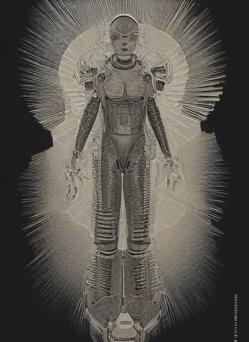 Prompt: 2 d illustration, grained risograph, vintage horror sci - fi portrait of a futuristic silver armored geisha district 9 cyborg, parallax, fractal, intricate, elegant, by jheronimus bosch and moebius louis jacques mande daguerre and szukalski