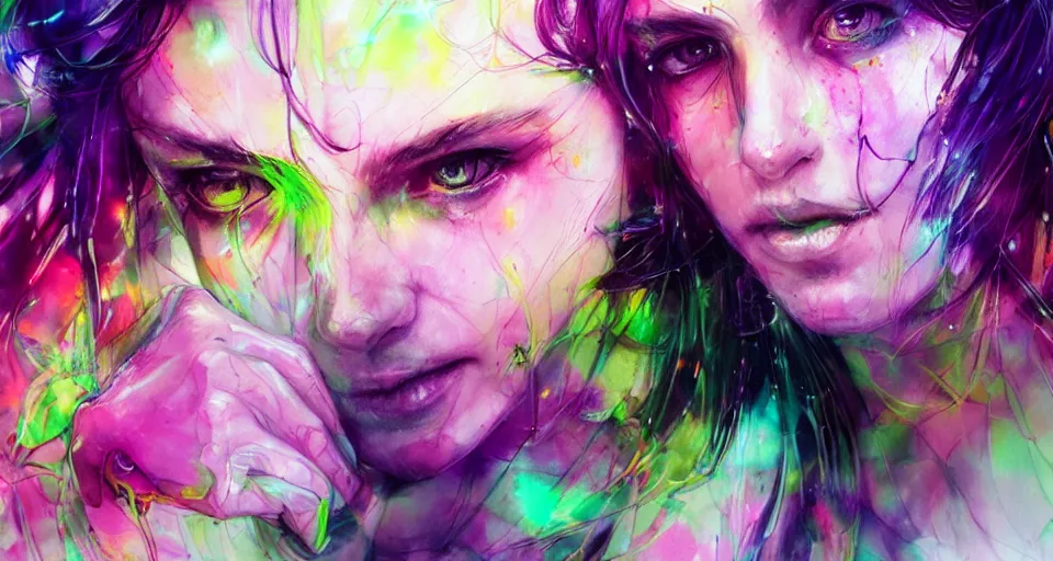 Image similar to concept art, trending on cgsociety and unreal engine, light effect, highly detailed, super wide angle, neon purple, neon orange, lime green, watercolor by Agnes Cecile
